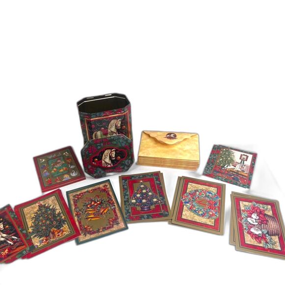 Raphael Tuck & Sons VTG Christmas Cards in Metal Tin w/ Envelopes Holiday - Picture 1 of 12
